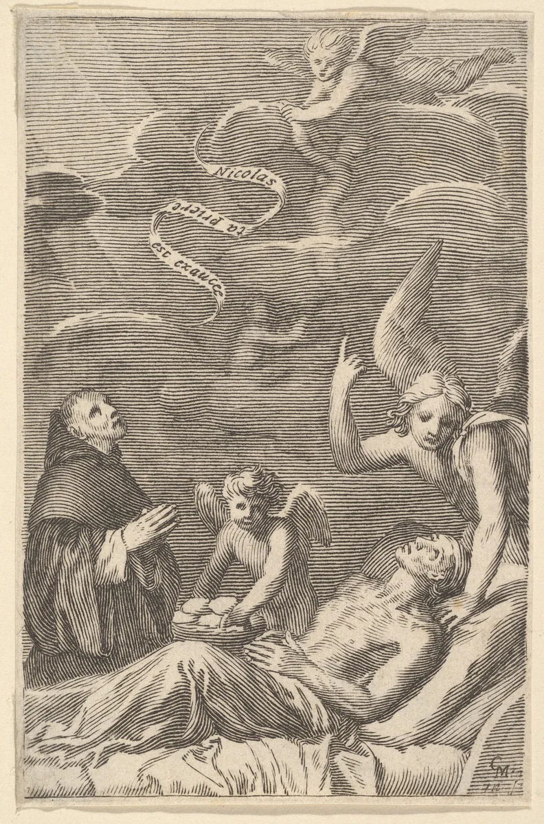 St. Nicolas Praying for a Dying Man by Claude Mellan, print, 1600-1688