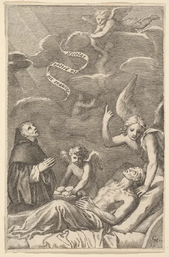 St. Nicolas Praying for a Dying Man by Claude Mellan, print, 1600-1688