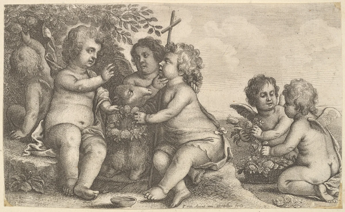 Jesus, St. John the Baptist and four cherubs by Wenceslaus Hollar, print, 1646