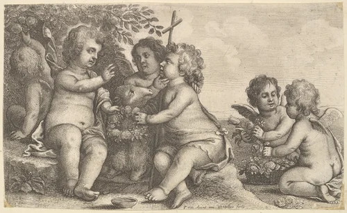 Jesus, St. John the Baptist and four cherubs by Wenceslaus Hollar, print, 1646