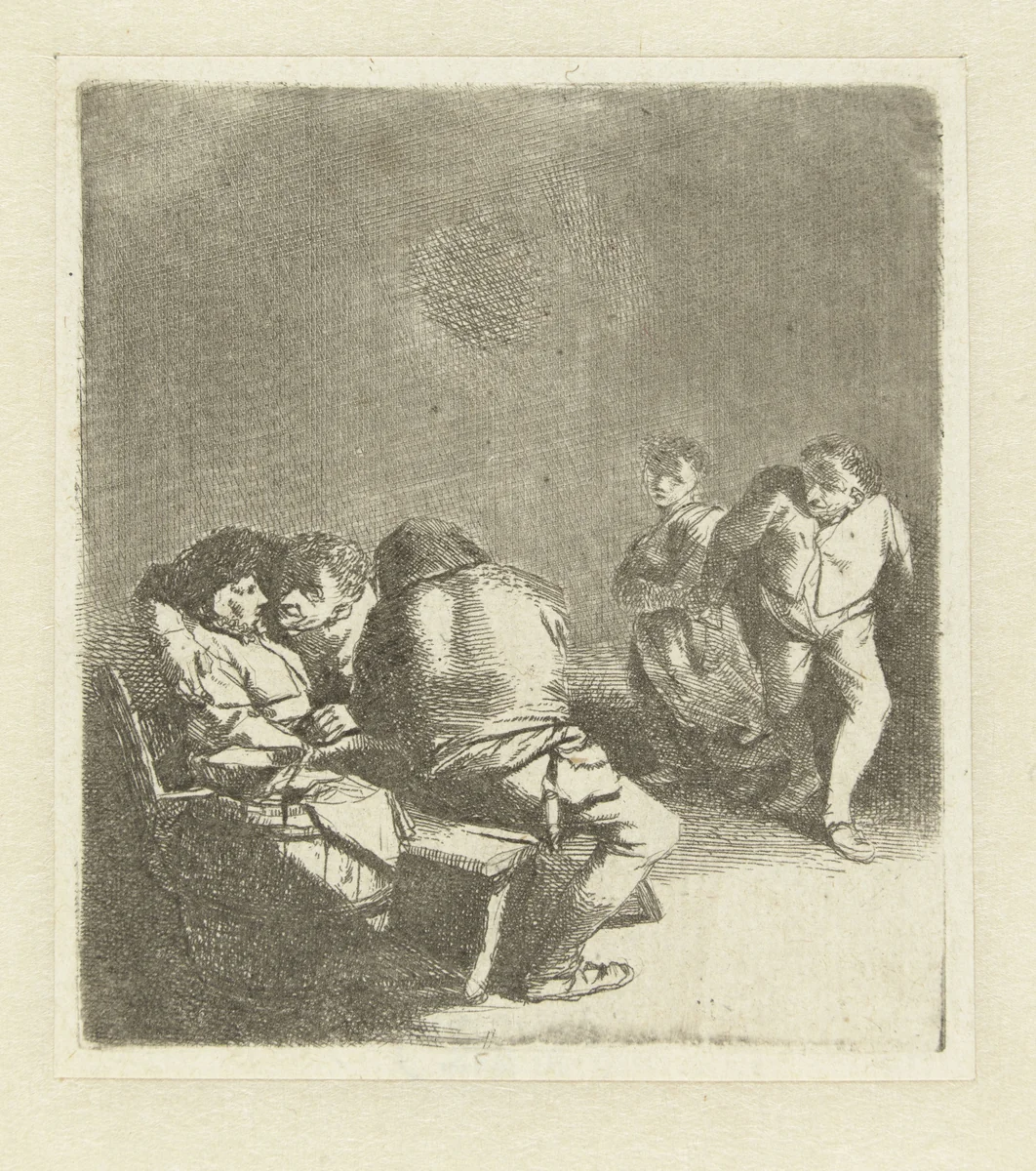 Dansende man en vrouw, twee zittende mannen en vrouw by Cornelis Pietersz. Bega, print, 1642-1664
