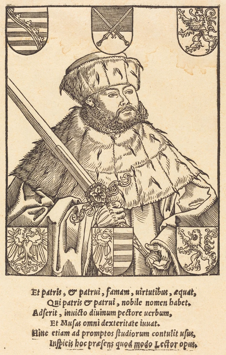 John Frederic the Magnanimous, in Electoral Robes [right] by Lucas Cranach the Younger, print, 1500-1599