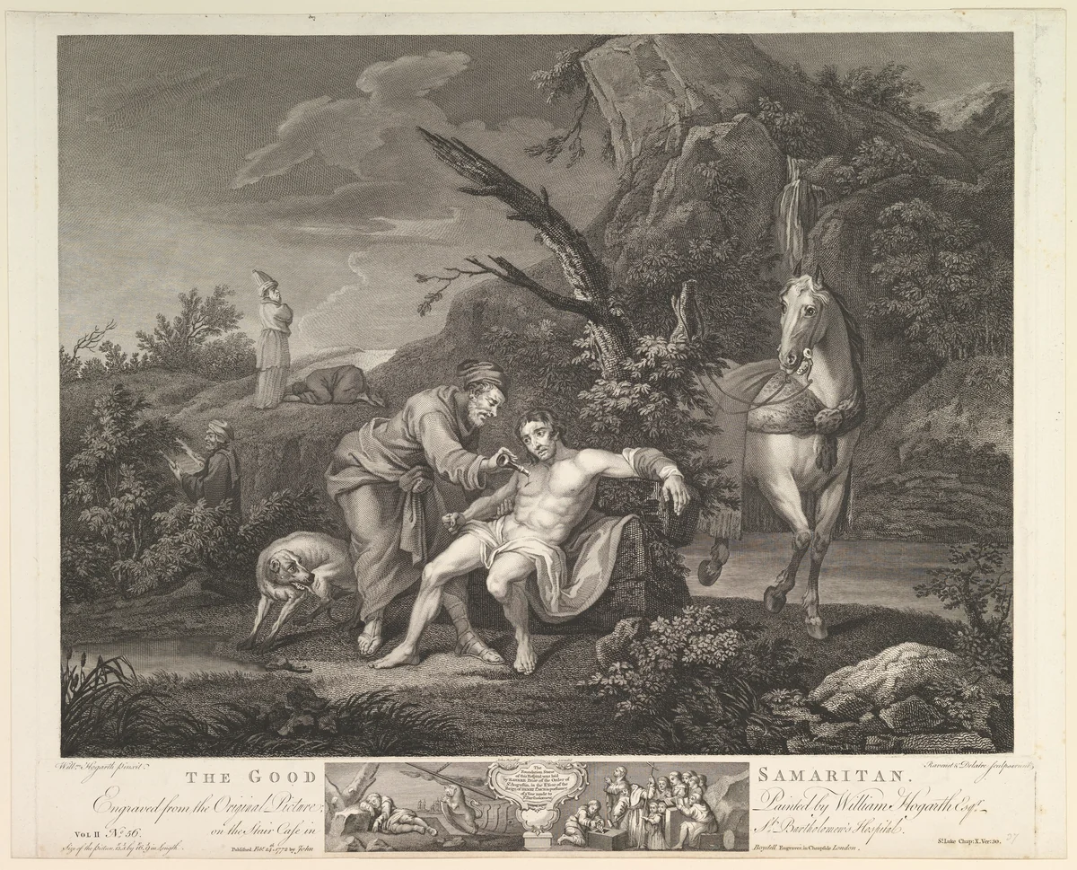 The Good Samaritan (St. Luke, Ch. 10, ver. 30) by Simon Ravenet, print, 1772