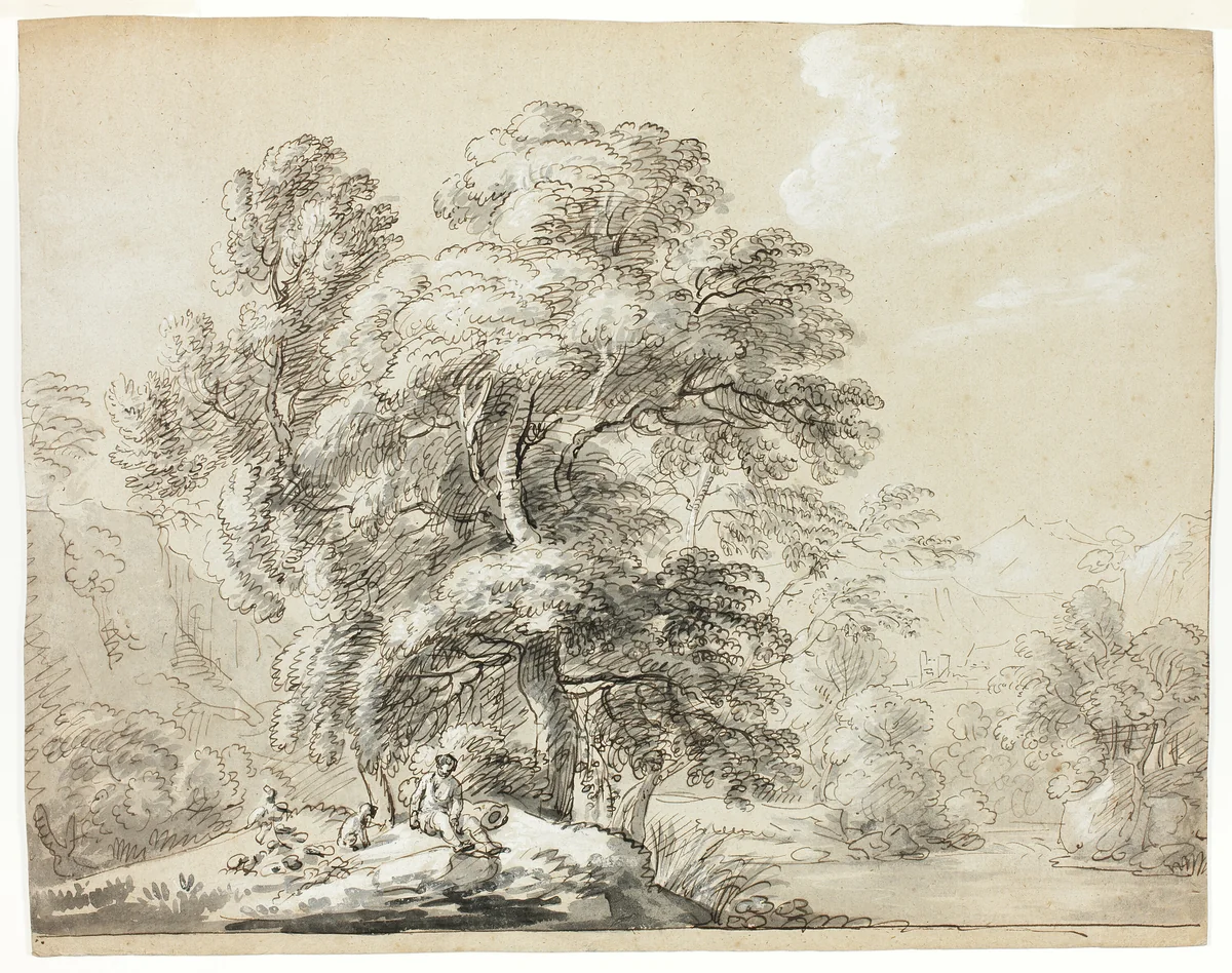 Man and Dog Seated Below Trees by River by Paul Sandby, drawing, 1750-1809