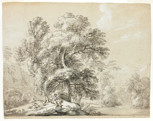 Man and Dog Seated Below Trees by River by Paul Sandby, drawing, 1750-1809