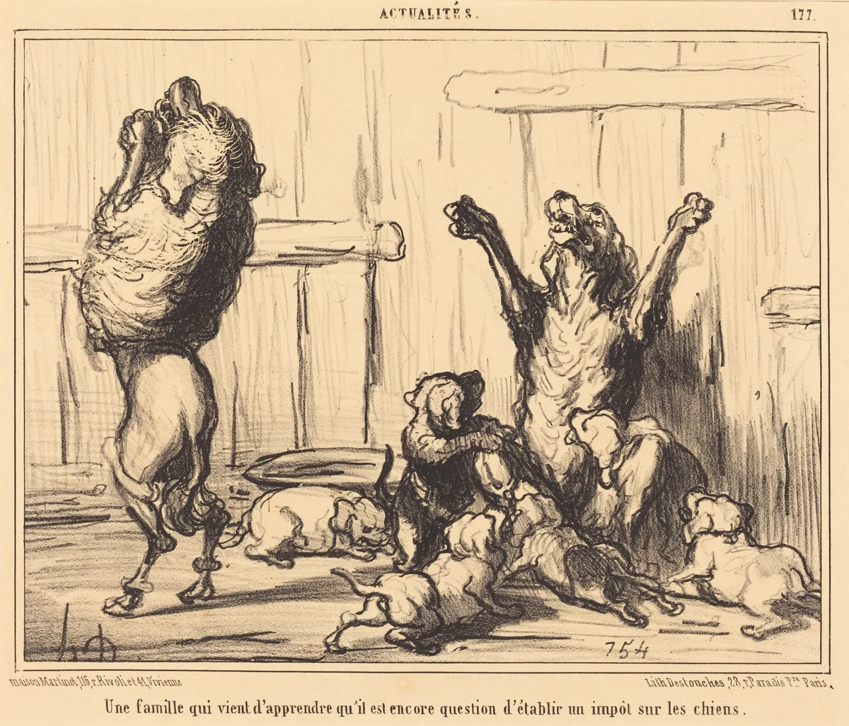 Une Famille qui vient d'apprendre... un impot sur les chiens by Honoré Daumier, print, 1855