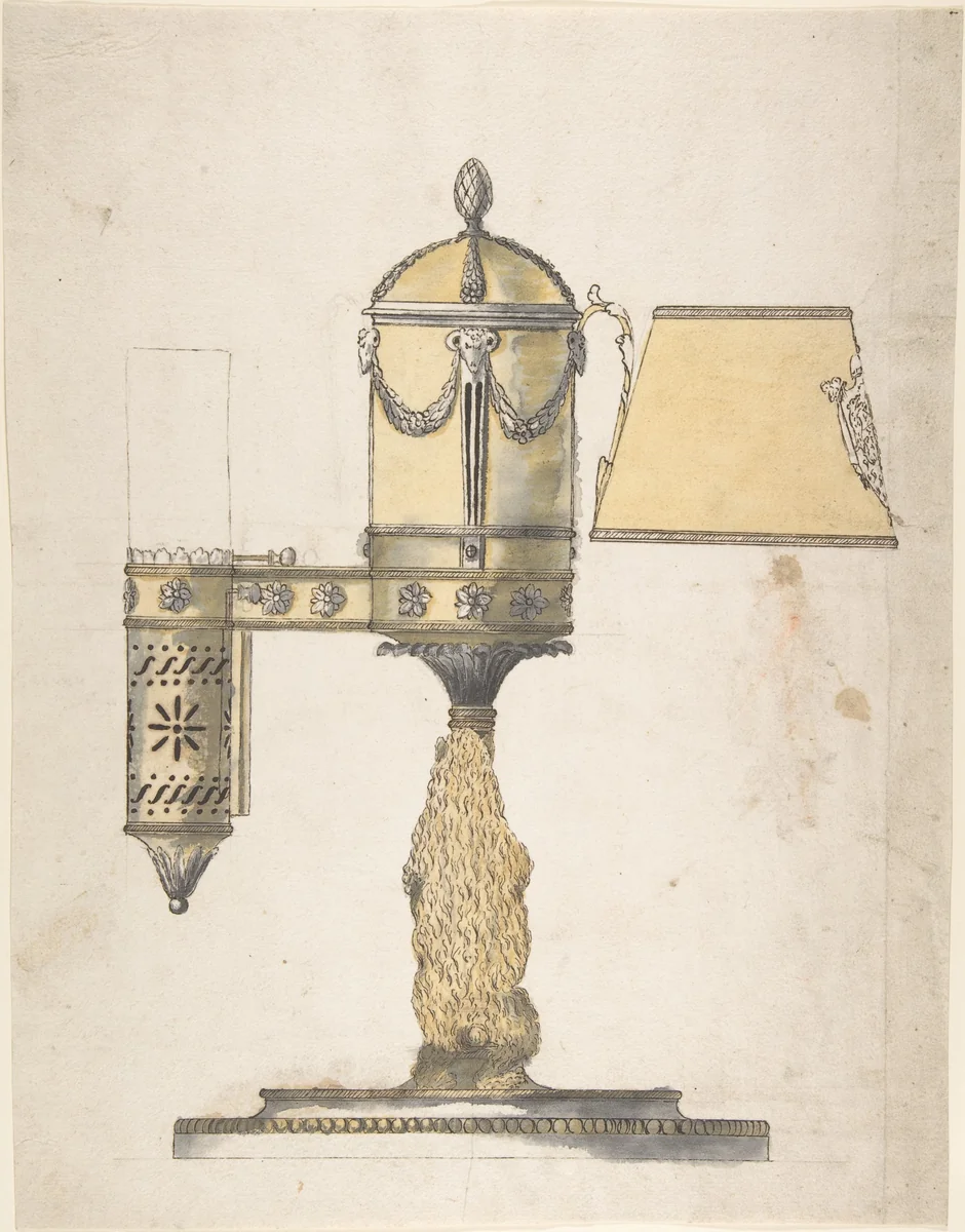 Argand Lamp with Shade by anonymous, drawing, 1800-1900