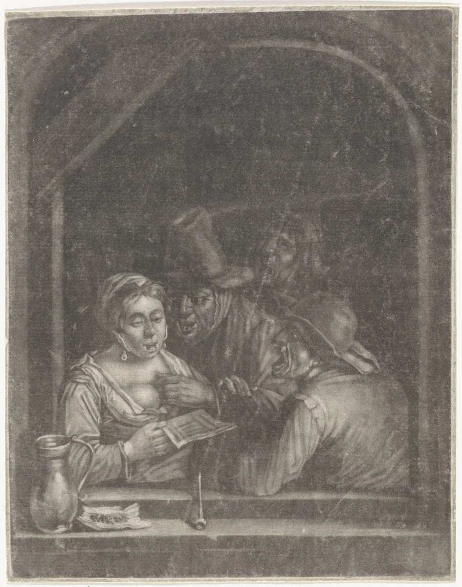 Zingende figuren in een venster by anonymous, print, 1650-1800