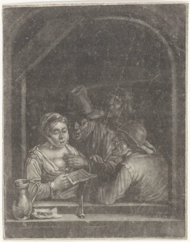 Zingende figuren in een venster by anonymous, print, 1650-1800