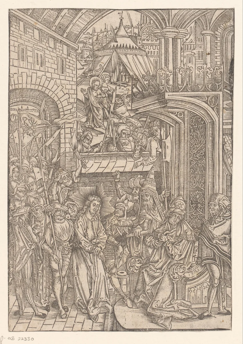 Christus voor Kajafas by Unknown, print, 1502-1510