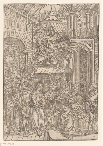 Christus voor Kajafas by Unknown, print, 1502-1510