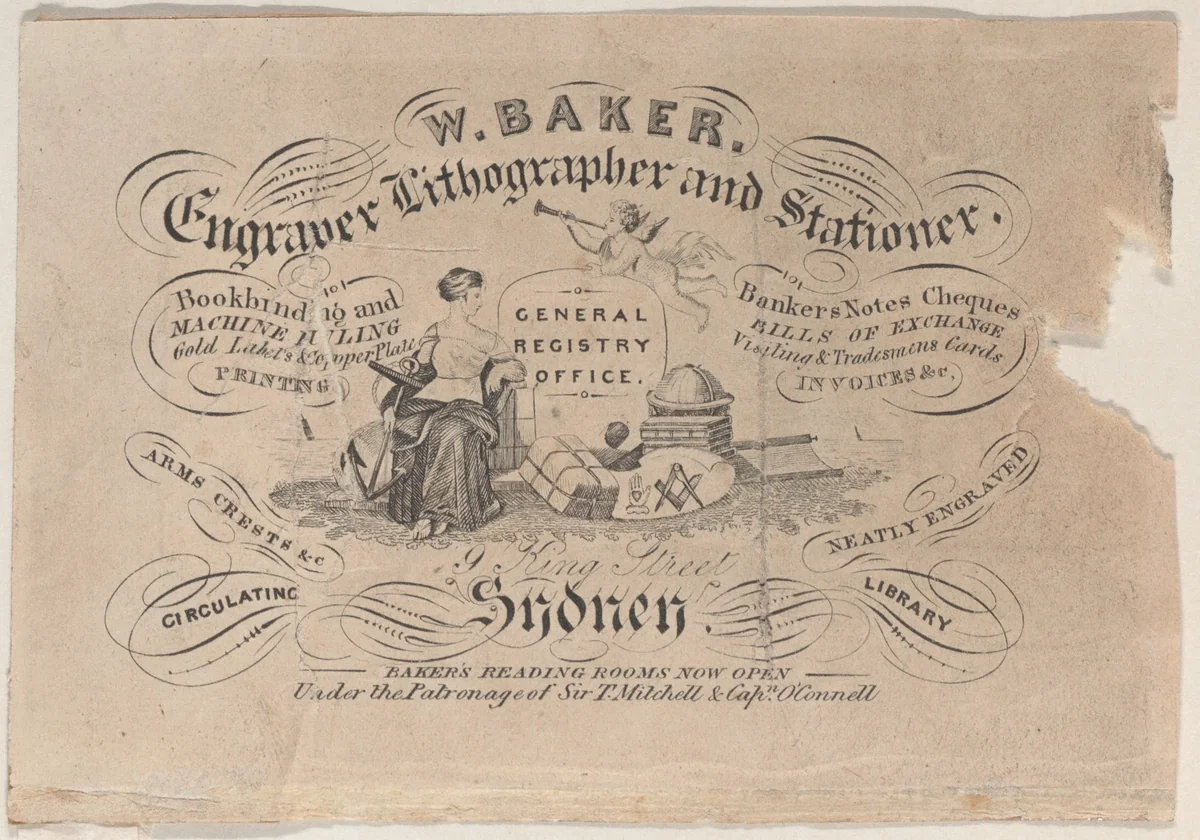 Trade Card for W. Baker, Engraver, Lithographer & Stationer by anonymous, print, 1800-1900