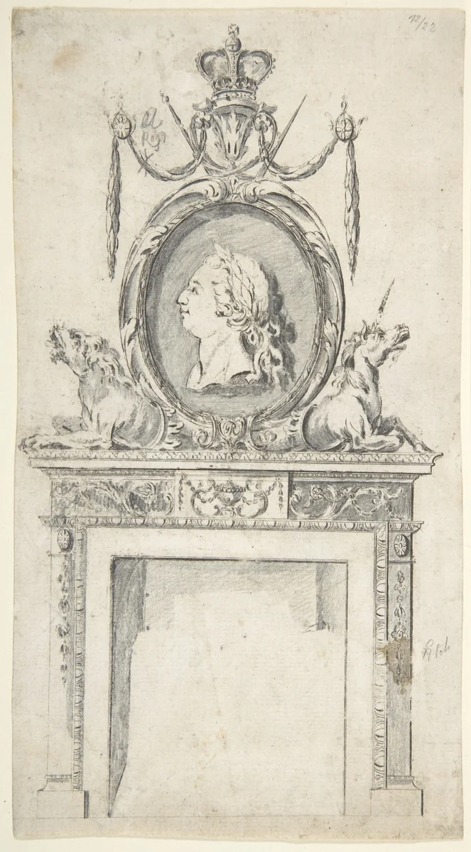 Design for a Chimneypiece, Incorporating a Portrait of George III by Sir William Chambers, drawing, 1760-1769