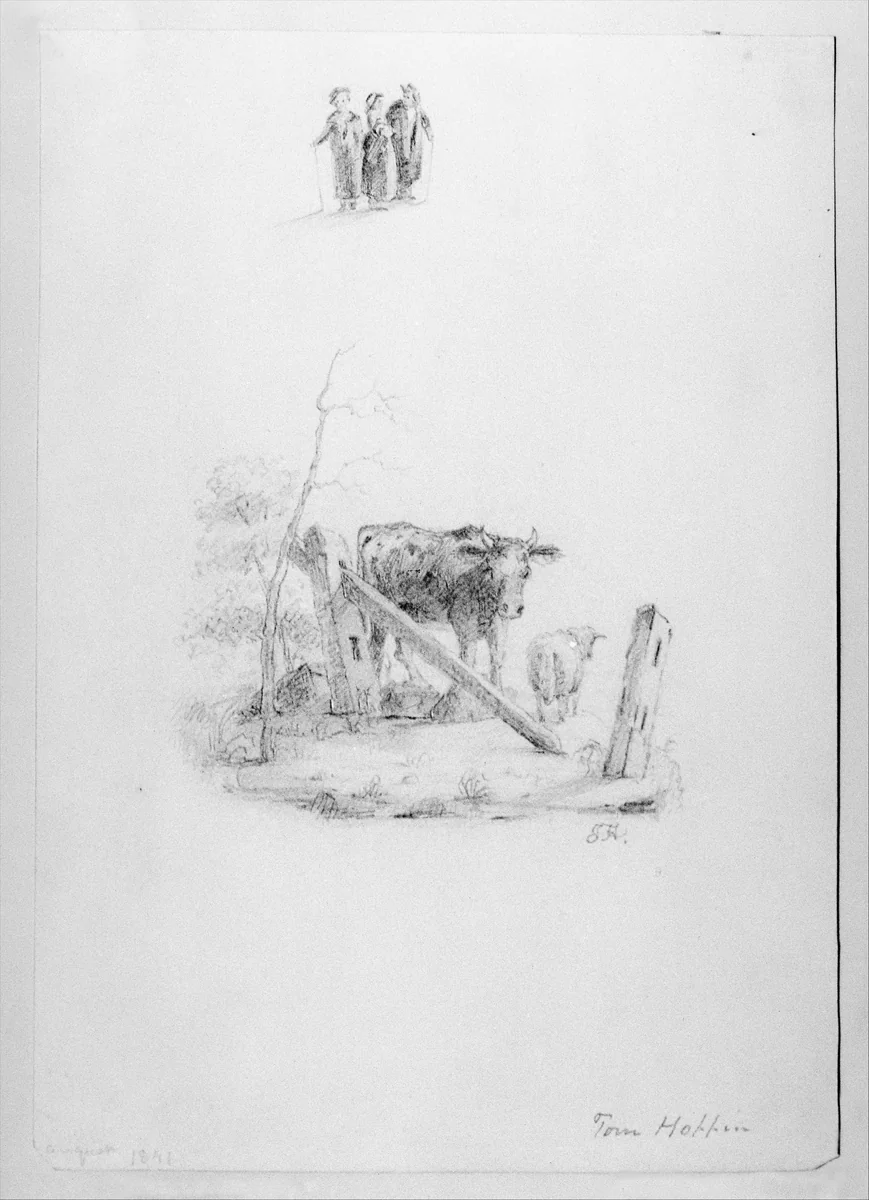 Landscape with Two Cows and a Broken Fence; Three Standing Figures (from McGuire Scrapbook) by Thomas F. Hoppin, artwork, 1841