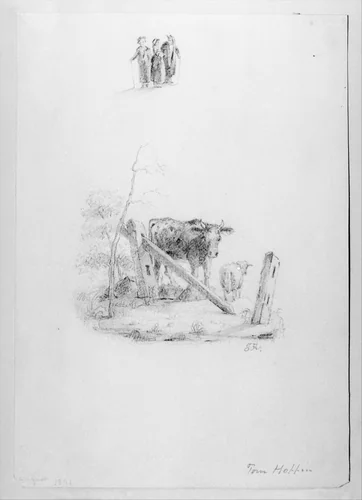Landscape with Two Cows and a Broken Fence; Three Standing Figures (from McGuire Scrapbook) by Thomas F. Hoppin, artwork, 1841