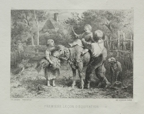 First Riding Lesson by Charles-Émile Jacque, print, 1864