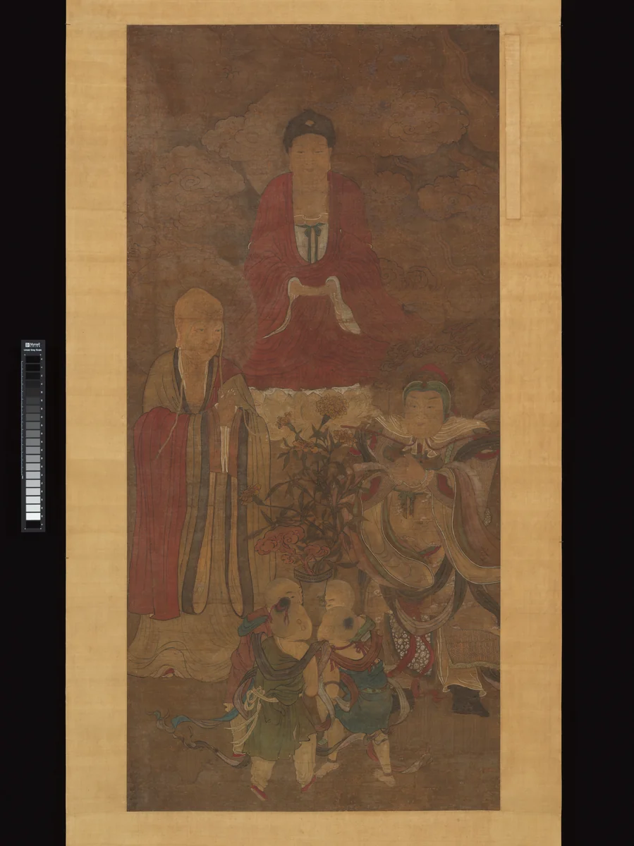 Shakyamuni with luohan, heavenly king, and boys by Unidentified Artist, painting, 1600-1633