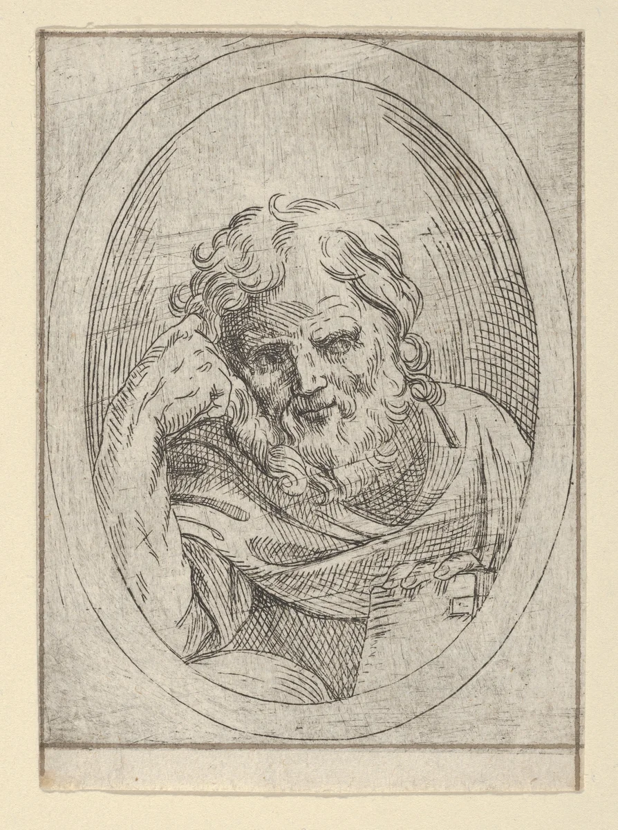 An apostle resting his head on his right hand and holding a book, in an oval frame, from "Christ, the Virgin, and Thirteen Apostles" by anonymous, print, 1600-1640