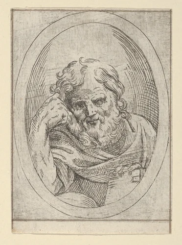An apostle resting his head on his right hand and holding a book, in an oval frame, from "Christ, the Virgin, and Thirteen Apostles" by anonymous, print, 1600-1640
