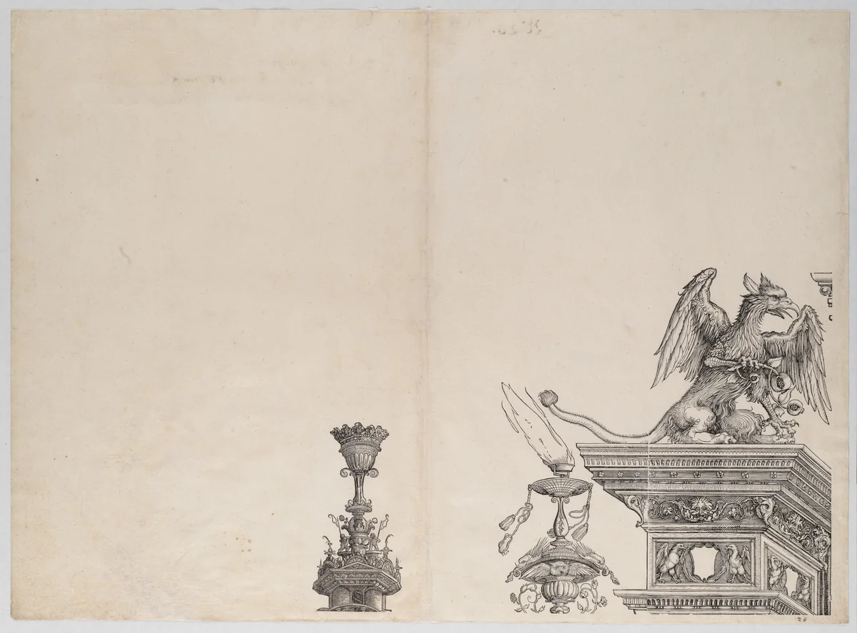 The Ornaments Atop the Left Portal, from the Arch of Honor, proof, dated 1515, printed 1517-18 by Hans Springinklee, print, 1515