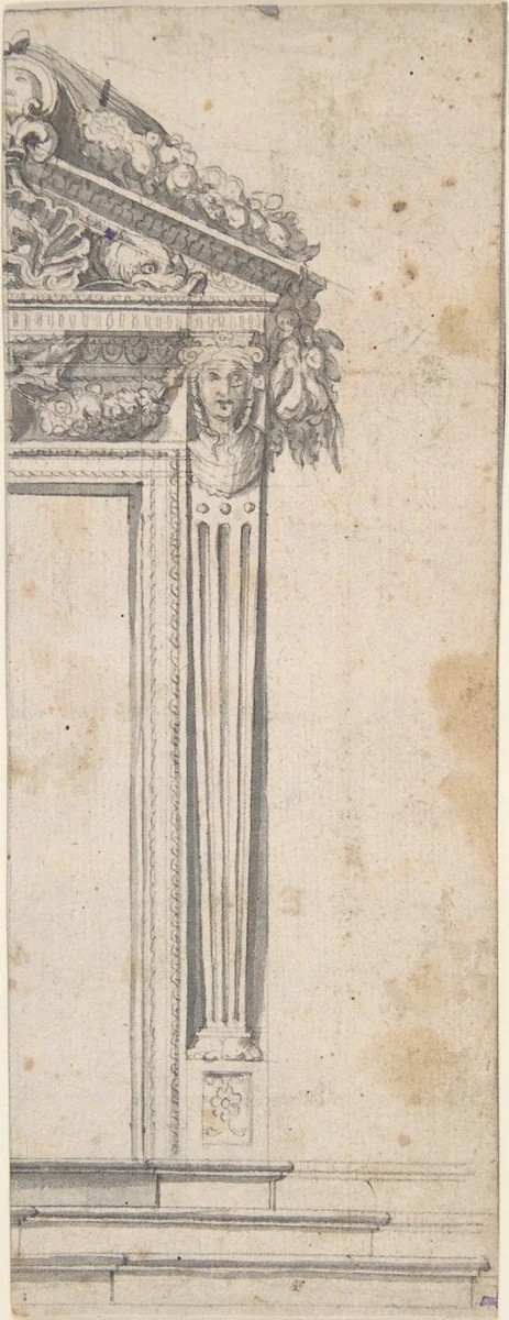Design for the Right Side of a Door with Pediment and Fluted Pilasters by anonymous, drawing, 1600-1699