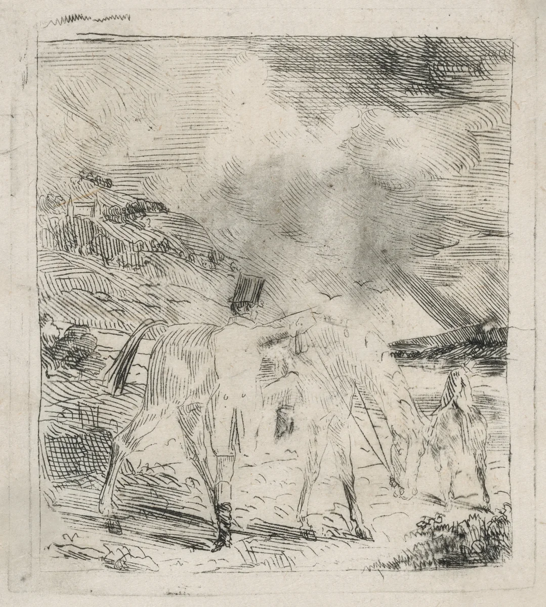 Two Sportsmen Mounting Their Horses by Edgar Degas, print, 1856