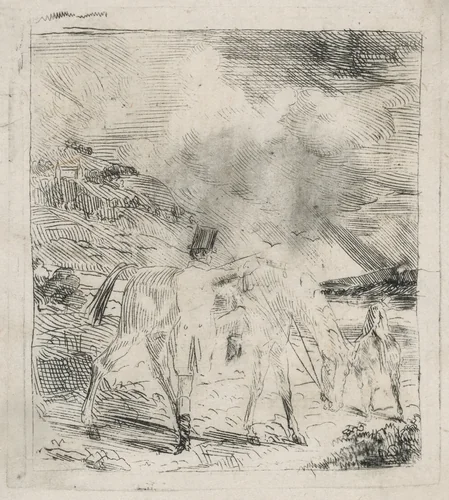 Two Sportsmen Mounting Their Horses by Edgar Degas, print, 1856