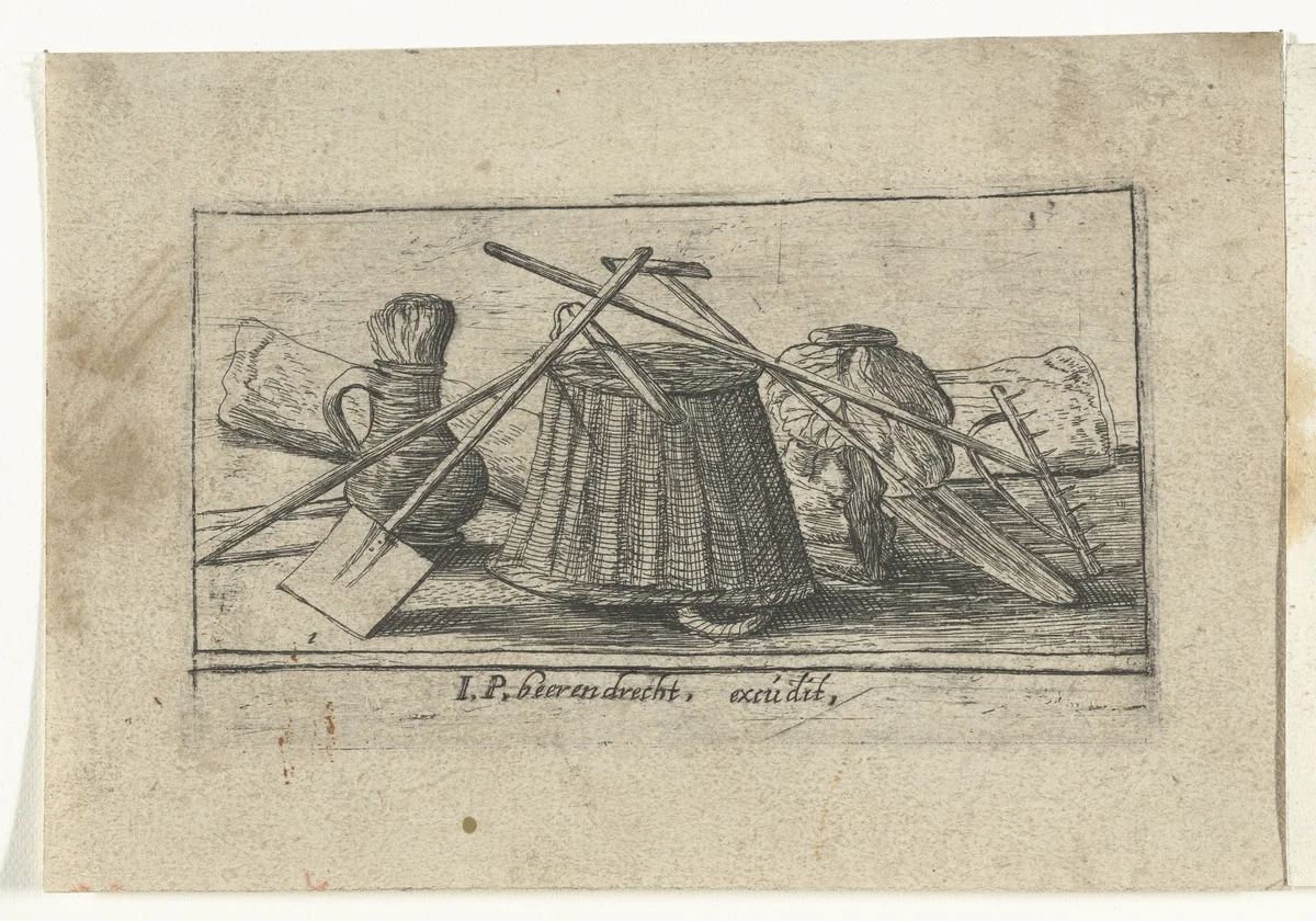 Titelprent met gereedschap voor bewerken van het land by anonymous, print, 1610-1617