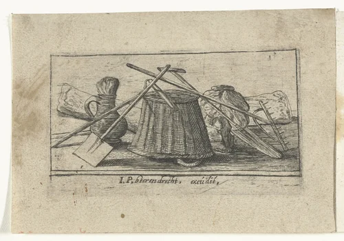 Titelprent met gereedschap voor bewerken van het land by anonymous, print, 1610-1617
