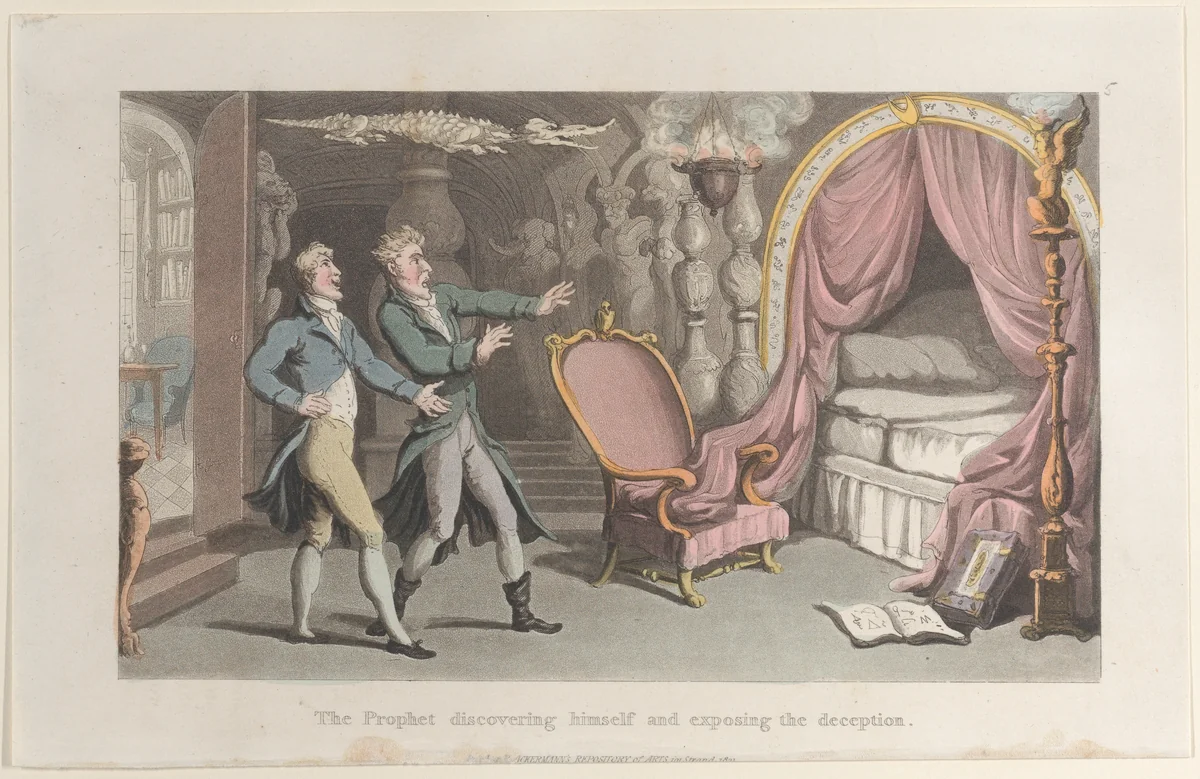 The Prophet discovering himself and exposing the deception, from "Journal of Sentimental Travels in the Southern Provinces of France, Shortly Before the Revolution" by Thomas Rowlandson, print, 1821