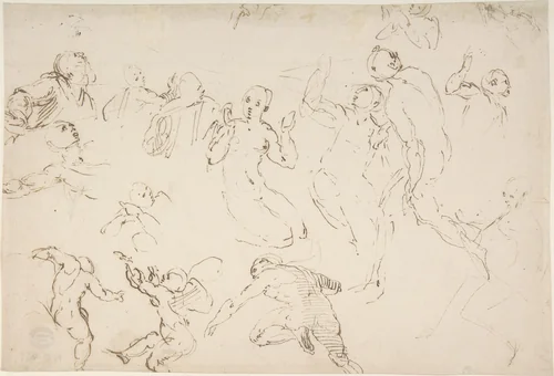 Standing and Kneeling Figures, and Studies of Flying Putti by Francesco Curia, drawing, 1565-1608
