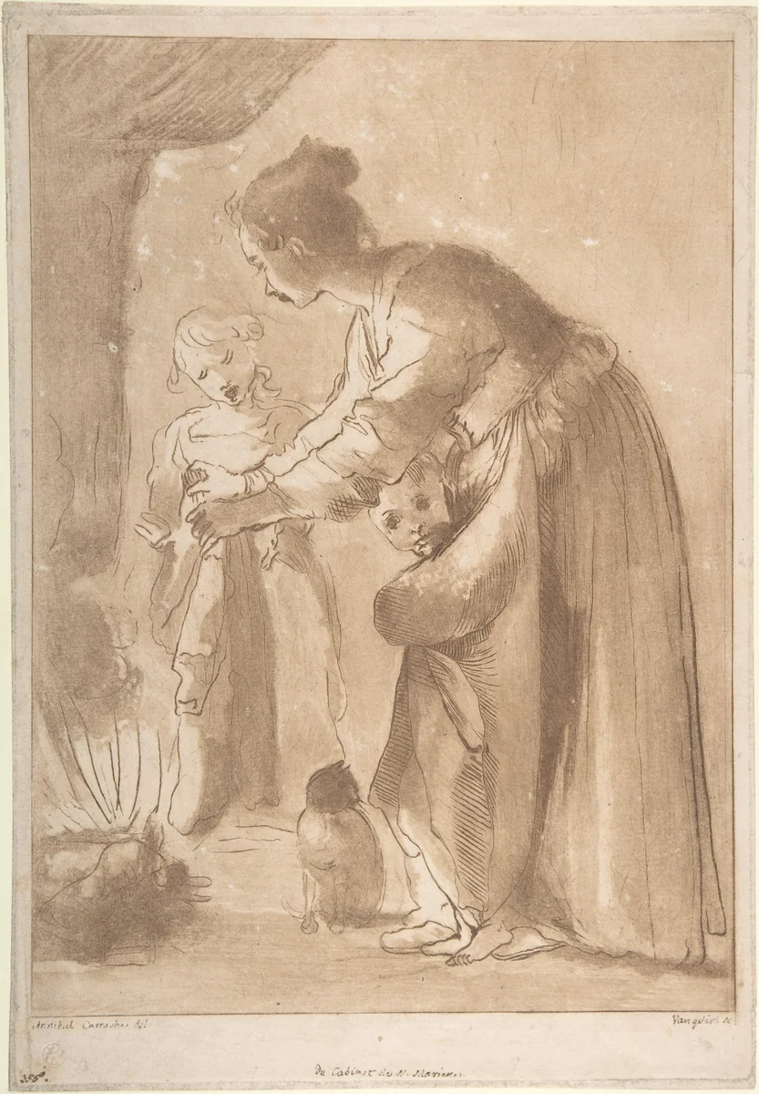 A Domestic Scene: Woman Warming Clothes and Children in Front of a Fire by Vincenzio Vangelisti, print, 1744-1798