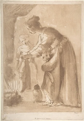 A Domestic Scene: Woman Warming Clothes and Children in Front of a Fire by Vincenzio Vangelisti, print, 1744-1798