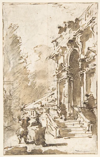 Architectural Capriccio: Garden Entrance to a Palace (recto); Three Masked and Costumed Figures and Other Figure Studies (verso) by Francesco Guardi, drawing, 1712-1793