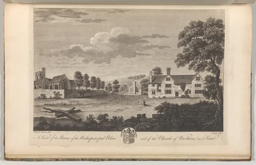A View of the Ruins of the Archiepiscopal Palace and of the Church of Wrotham in Kent, from Edward Hasted's, The History and Topographical Survey of the County of Kent, vols. 1-3 by John Bayly, book, 1777-1790