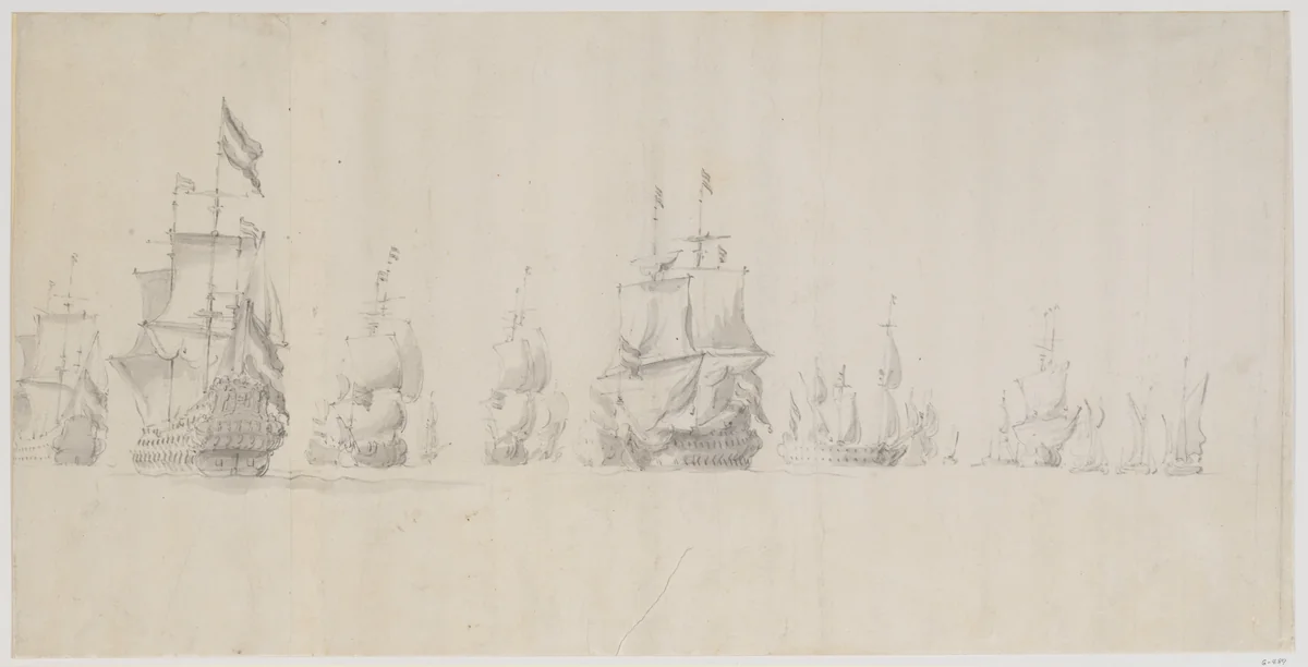 A Dutch Fleet Under Sail at Sea in a Light Breeze by Willem van de Velde, drawing, 1665