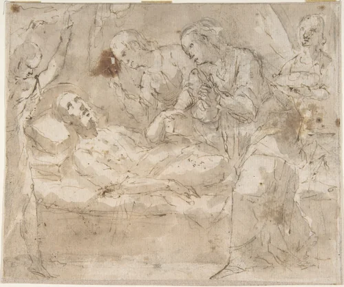 Death of a Male Saint (Joseph?) with Four Secondary Figures by anonymous, drawing, 1600-1700