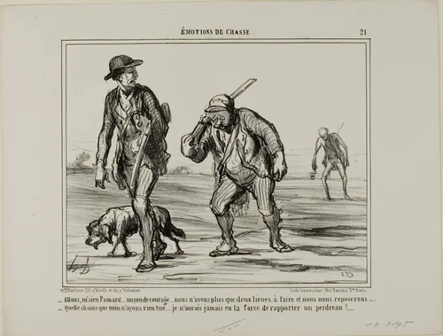 “- Come, come, Mr. Pomard... keep your spirits up... only two more leagues and we can rest... - What a piece of luck, we didn't bag anything... I wouldn't even have the strength to carry a partridge,” plate 21 from Émotions De Chasse by Honoré-Victorin Daumier, print, 1858