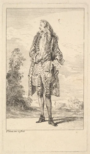 Standing man with right hand tucked into his waistcoat, shown in frontal view with his head turned toward the left, from "Figures of Fashion" (Figures de Modes) by Antoine Watteau, print, 1710