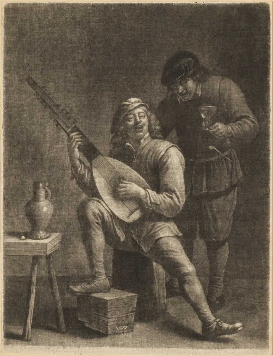 Lute-Player and a Standing Man by Wallerant Vaillant, print, 1635-1677