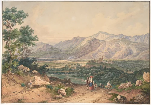 View of Lebanon, after an English Engraving and an Italianate motif of the Sabiner Mountains by Ernst Welker, drawing, 1837