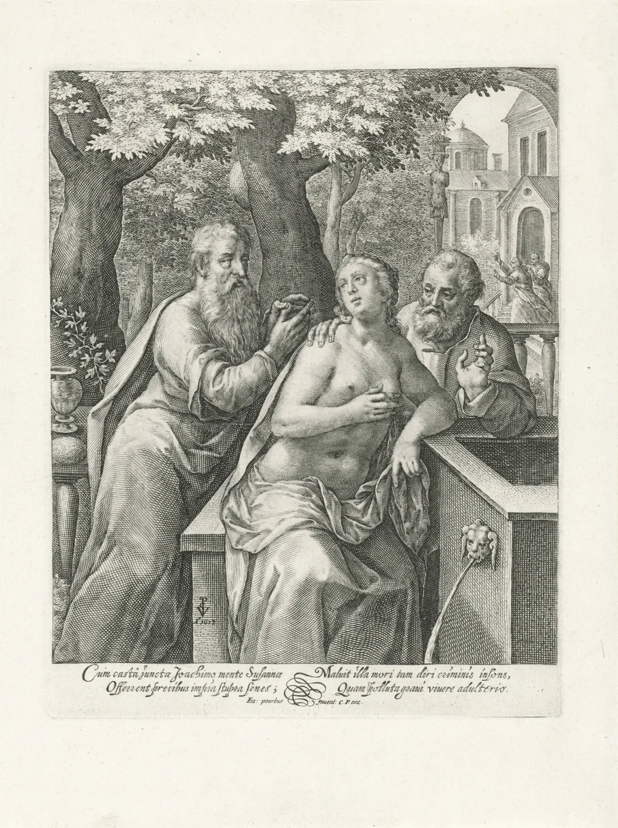 Susanna en de ouderlingen by Unknown, print, 1574-1637
