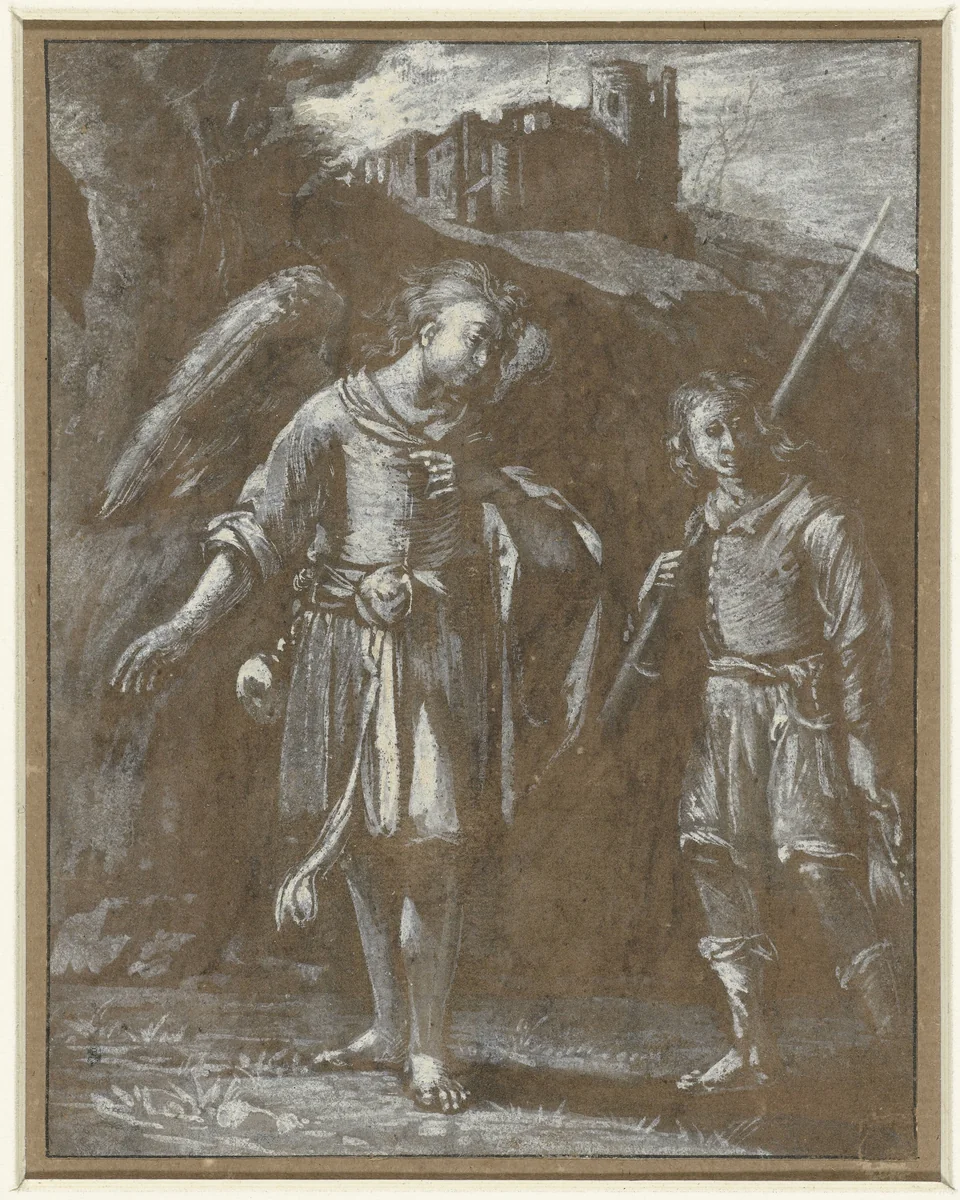 Tobias en de engel by Adam Elsheimer, drawing, 1588-1610