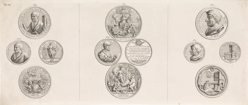 Onversneden blad met de voor- en achterzijde van zes penningen vervaardigd ter ere van Laurens Jansz. Coster by Jan Wandelaar, print, 1740