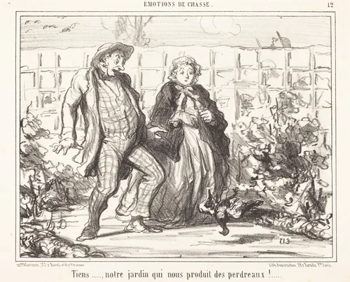 Tiens... notre jardin... produit des perdreaux!... by Honoré Daumier, print, 1857