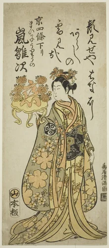 The Actor Arashi Hinaji as the maiko Uriuno in the play "Ume ya Suisen Izu no Irifune," performed at the Morita Theater in the eleventh month, 1763 by Torii Kiyomitsu I, print, 1763
