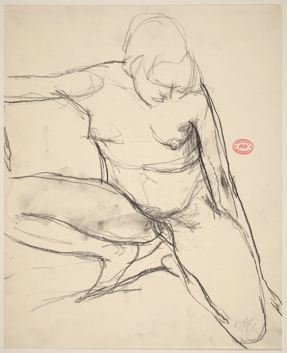 Untitled [kneeling female nude looking down] by Richard Diebenkorn, drawing, 1955-1967