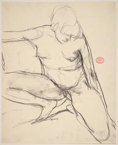 Untitled [kneeling female nude looking down] by Richard Diebenkorn, drawing, 1955-1967