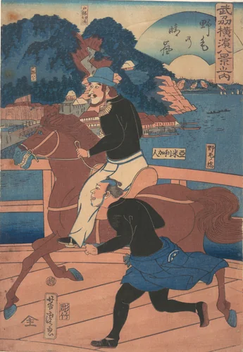 Returning Sails at Nōgei [American couple riding over the Nōgei Bridge] by Utagawa Yoshitora (歌川芳虎), print, 1861