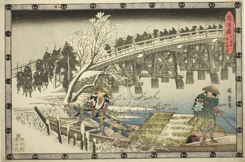 Act 11, Part 1: The Approach to the Night Attack (Juichidanme ichi, yochi oshiyose), from the series "The Revenge of the Loyal Retainers (Chushingura)" by Utagawa Hiroshige (歌川広重), print, 1835-1845